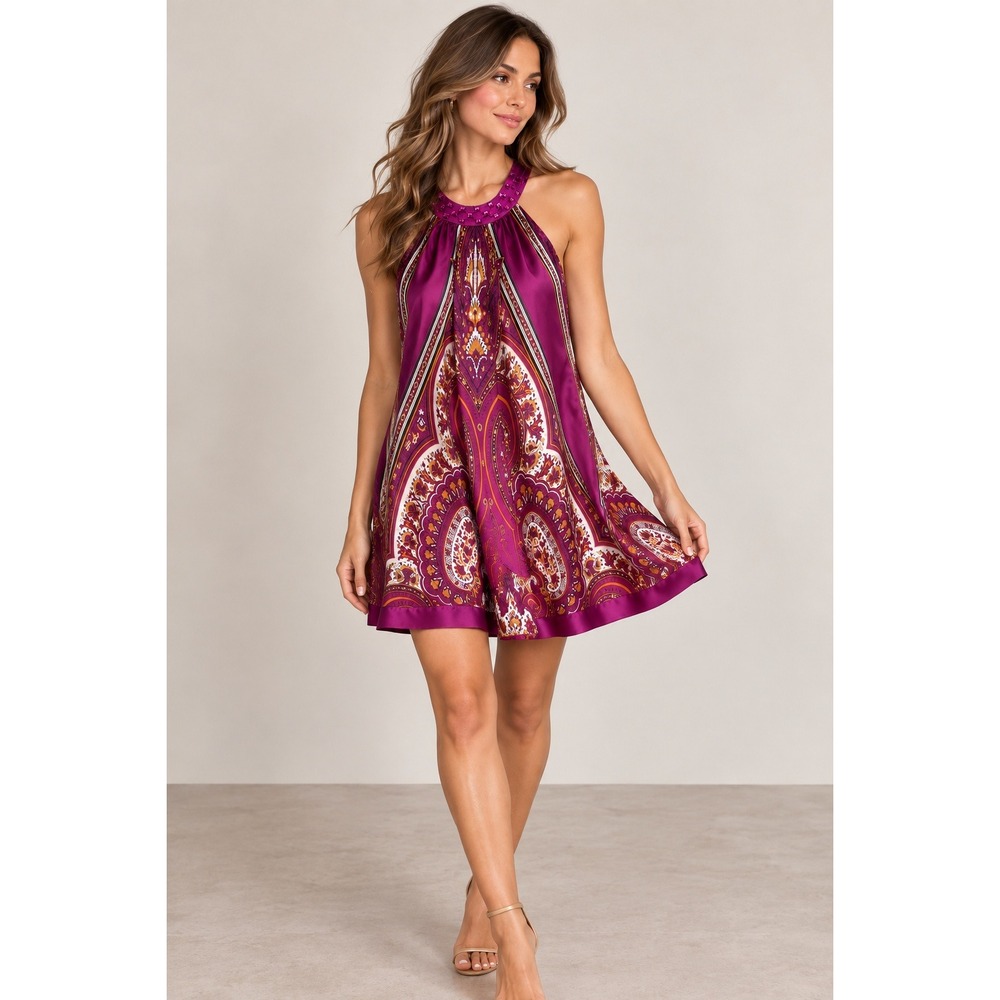 100% Silk Purple Paisley Halter Dress Beaded Boho Evening Arden B Small